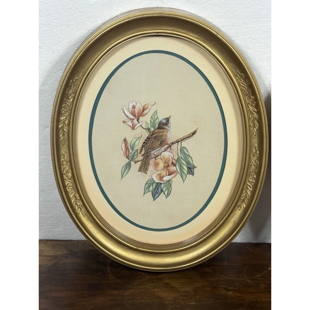 Vtg MCM 1983 Homco Home Interior Birds Grannycore Gold Oval Frame Pictures Set 2